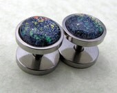 Stainless Steel Plugs - 10g 18g - Fake Gauges - Hyperspace - Black and Rainbow Glitter Plugs