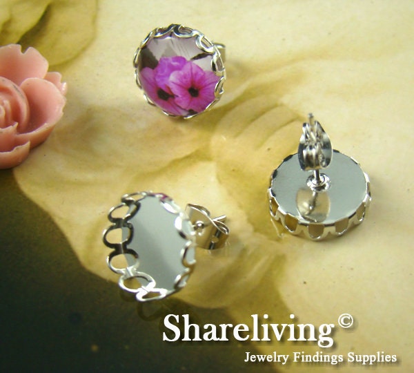 10pcs Antique Solid Brass Silver Earring Posts With Round 12mm Lace Setting EA328