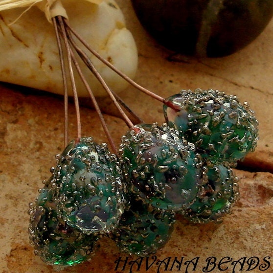 SEASCAPE - Drop Sparkle Head Pins - Set of 6 Handmade Lampwork Head Pins