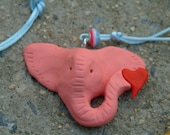 New Pink elephant with red heart pendant on baby blue cord with colorful bead