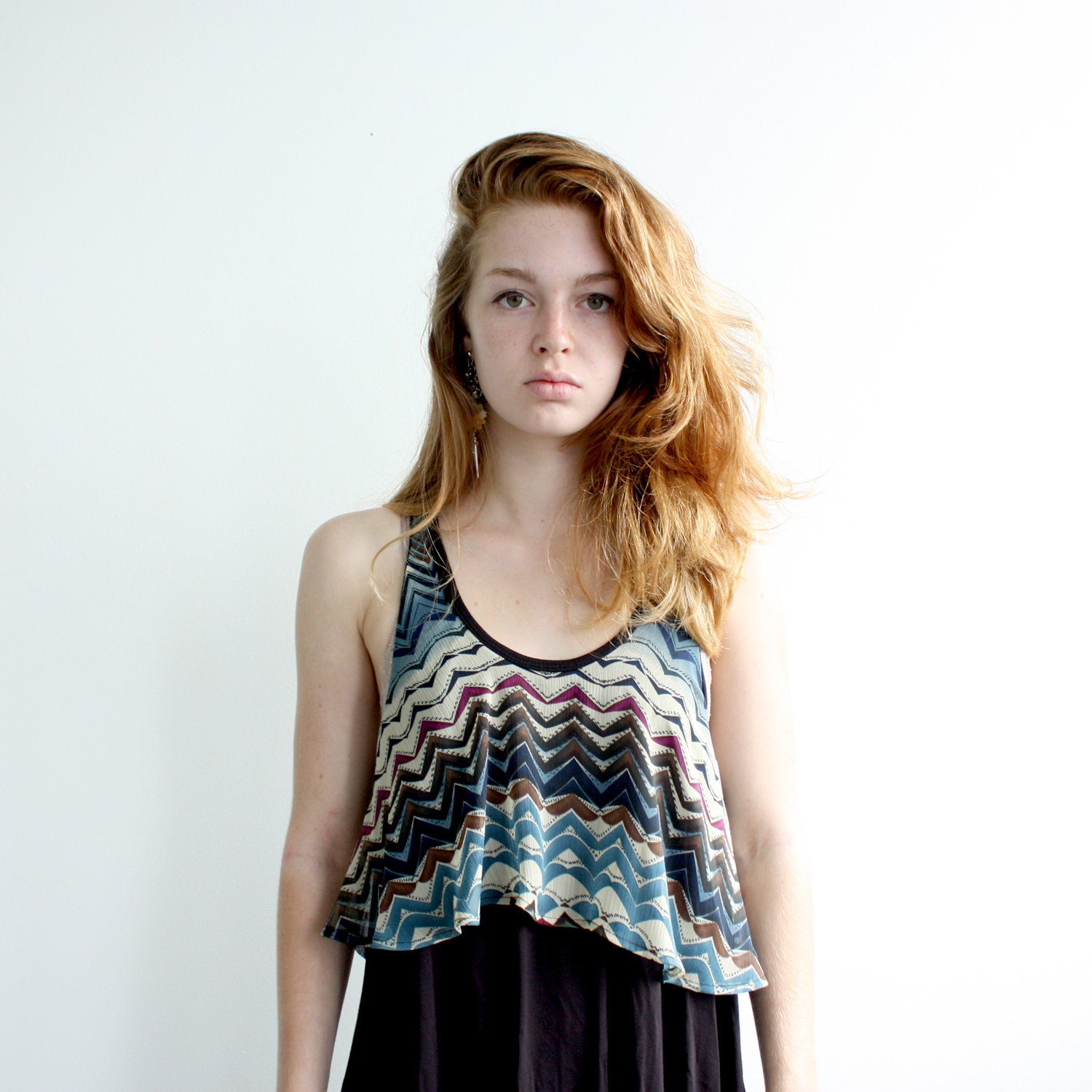 Layered Tank Dress in Black Bamboo Jersey and Zig Zag Chiffon - M or L