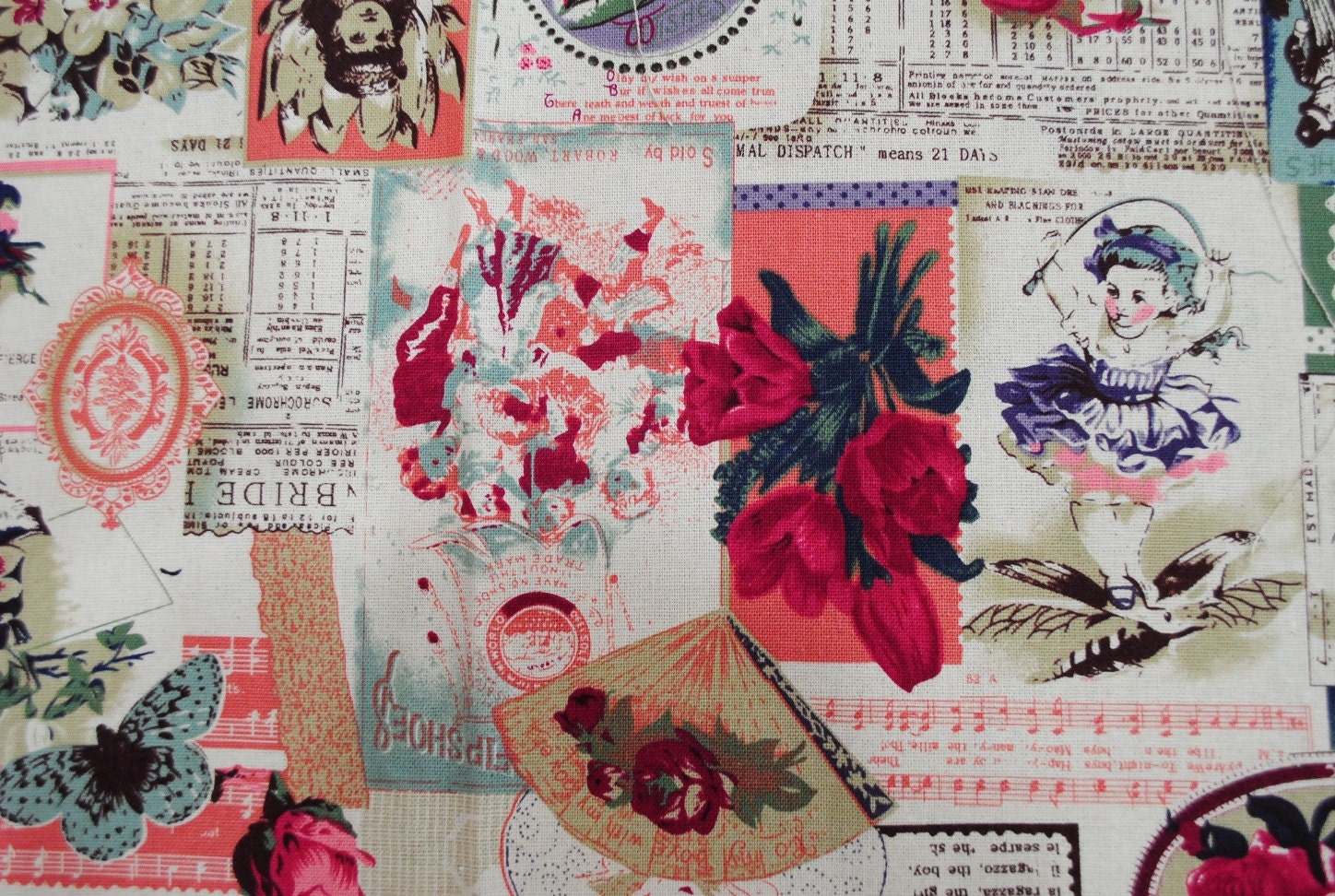 Vintage Postcard Linen Fabric Fat Quarter