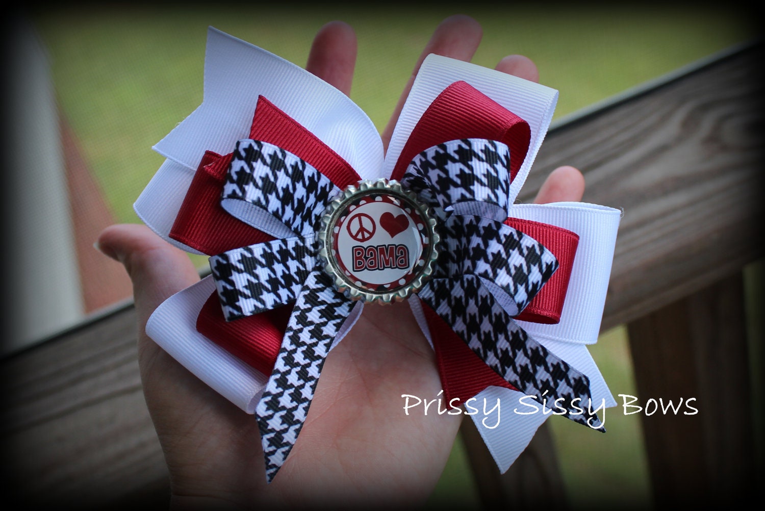 Girls Large University of Alabama Inspired Crimson and Houndstooth Boutique Bottle Cap Hair Bow
