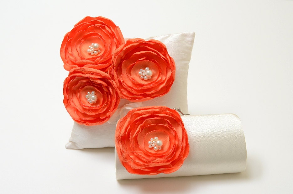Bridal Clutch & Ring Bearer Pillow Set - Dupioni Silk  Ring Bearer Pillow - Ivory Satin Clutch - Orange Flowers with Ivory Pearls  - SALE