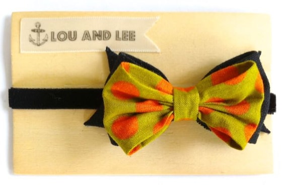 Baby bow headband - Halloween polkadot headband with grosgrain ribbon and velvet elastic