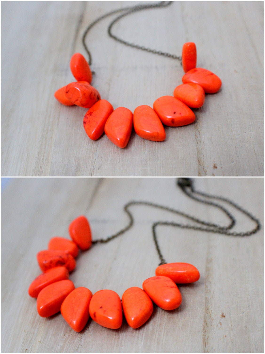 Lava Turquoise Bib Necklace - Genuine Red-Orange Turquoise Statement Necklace In Antiqued Brass