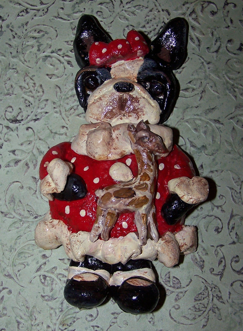 3D Boston Terrier Dog Folk Art Ornament Primitive Bakers Clay Sculpture Ooak Giraffe Cookie Art Doll