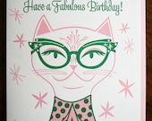 Vintage Cat Eye Cat Letterpress Birthday Card