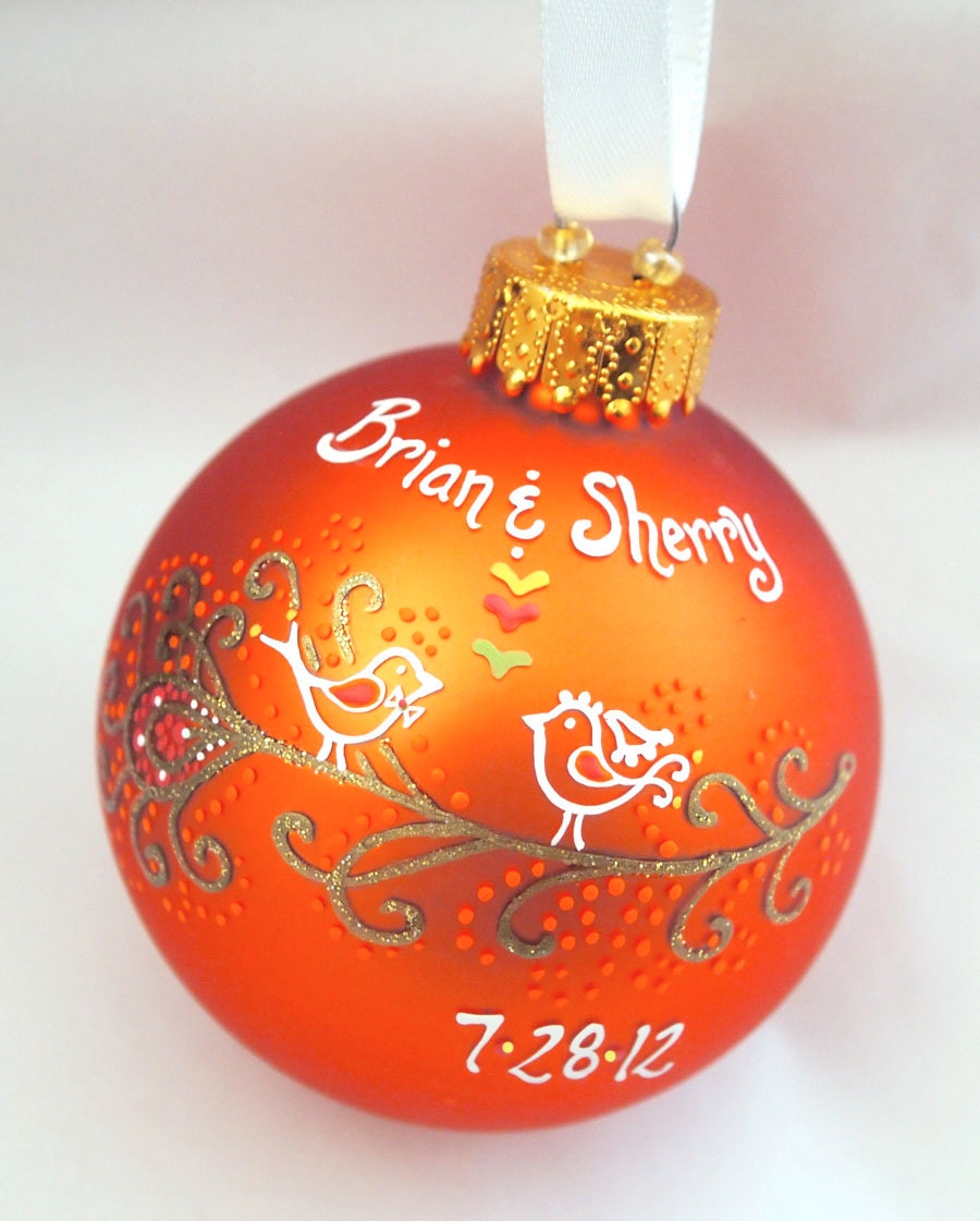 Peacock Wedding Ornament in Orange - Personalized