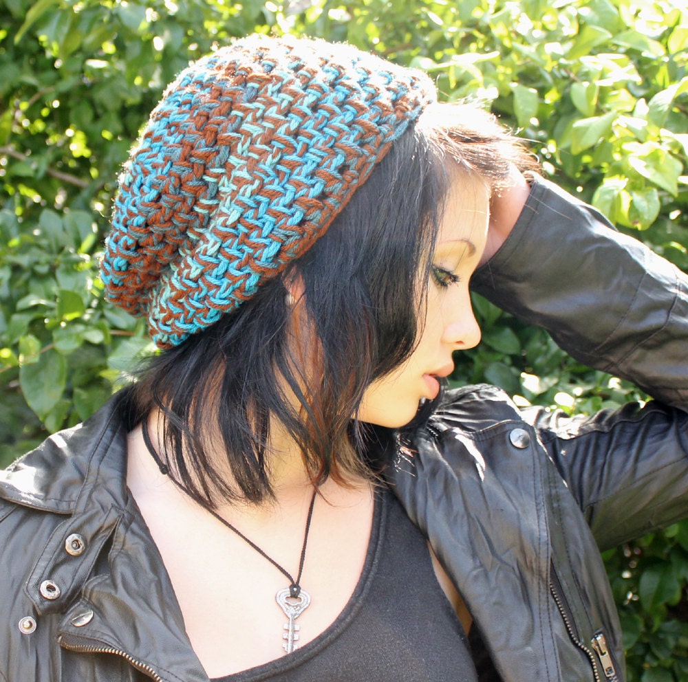 Celebrity slouch hat chunky beret Rasta WATER turquoise aqua brown teal