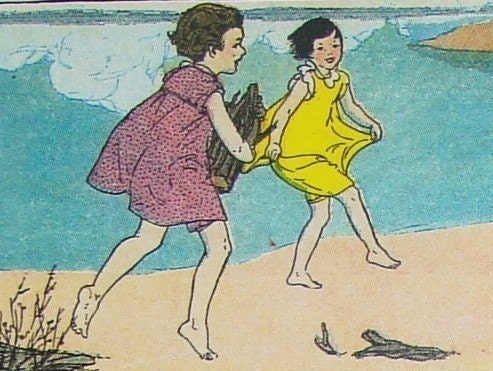 Beach Girls - 3 Handmade Cards Reincarnated from Vintage Children's School Book Illustrations Tied with a Bow