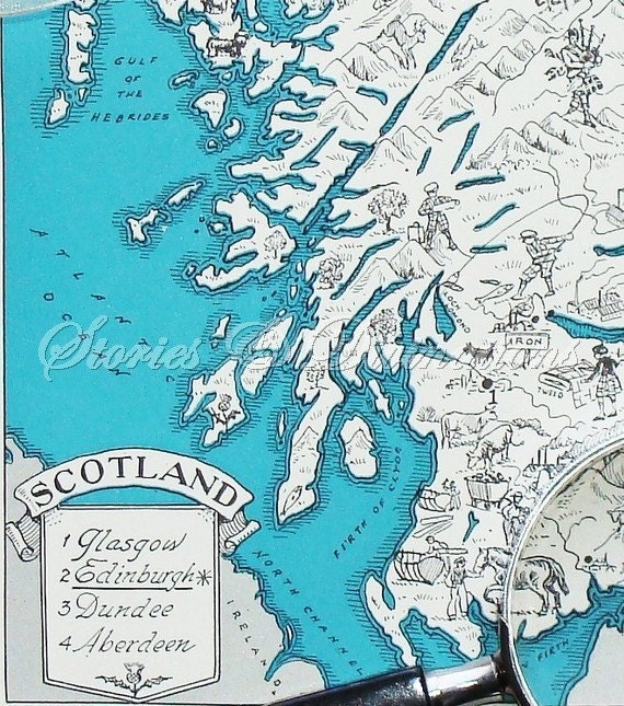 Fun Scotland Map - Vintage Map of Scotland - A Fun and Funky Little 1930s Vintage Picture Map to Frame