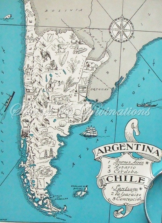 Map of Argentina and Chile - A Fun and Funky Little Vintage Map to Frame