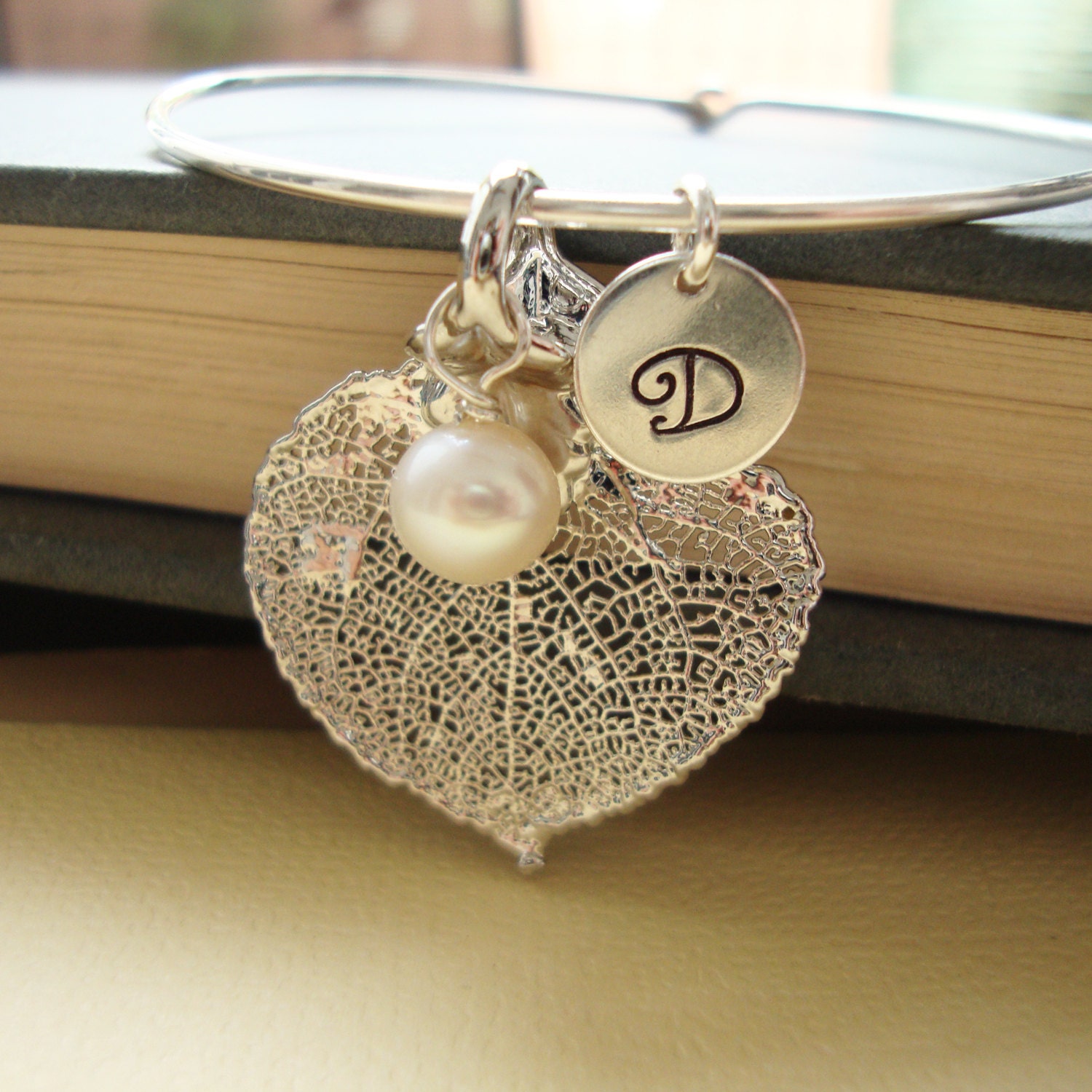 Personalized Leaf Bangle Bracelet- Aspen Leaf Jewelry, Bridal,, Bridesmaids Wedding Jewelry, Maid of Honor, Best Friend, Engraved Bangle