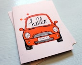 Hello MINI Cooper Card. Hand Screen Printed in Orange.