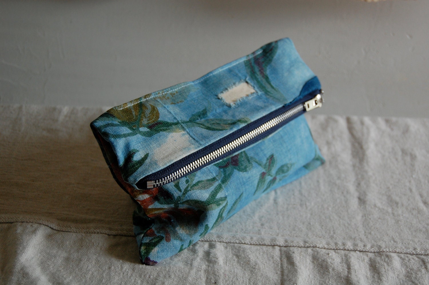 READY TO SHIP hand dyed patched vintage floral linen zip purse clutch