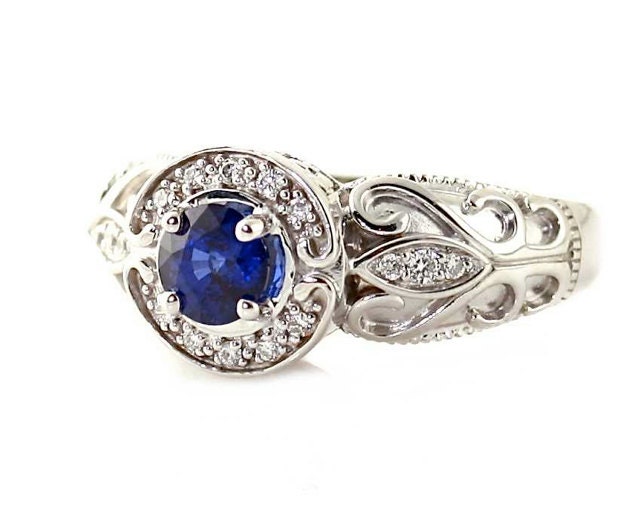 14K Blue Sapphire Ring Vintage Blue Sapphire Engagement Ring Diamond Halo Art Nouveau Gold Platinum Custom Bridal Jewelry