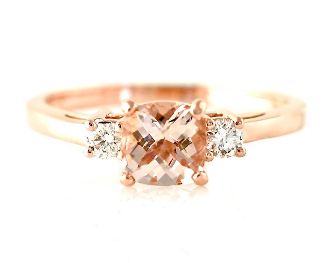 14K Rose Gold Morganite Diamond 3 Stone Cushion Morganite Engagement Ring Custom Bridal Jewelry