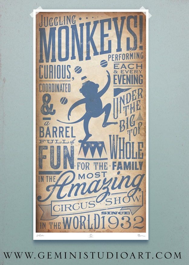 Circus Monkey vintage style childrens graphic artwork giclee archival signed artists print 10 x 20 by stephen fowler