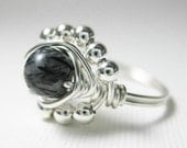 Black Rutilated Quartz Ring - Wire Wrapped Ring - Sterling Silver - Princess Cocktail Ring