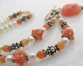 White and Orange Necklace - Beaded beads of Carnelian and white pearls