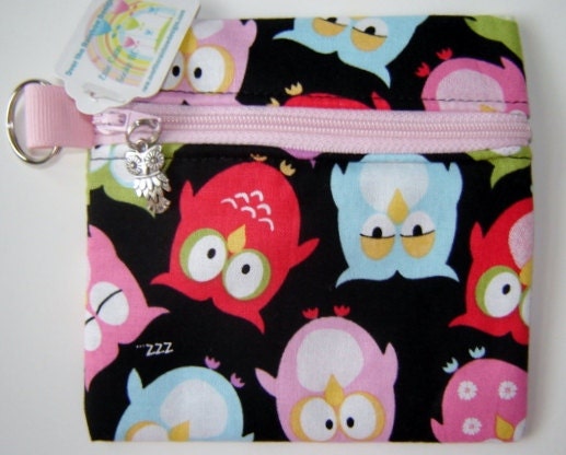 Black Pink OWL Print Zipper Pouch Coin Bag Purse with Charm