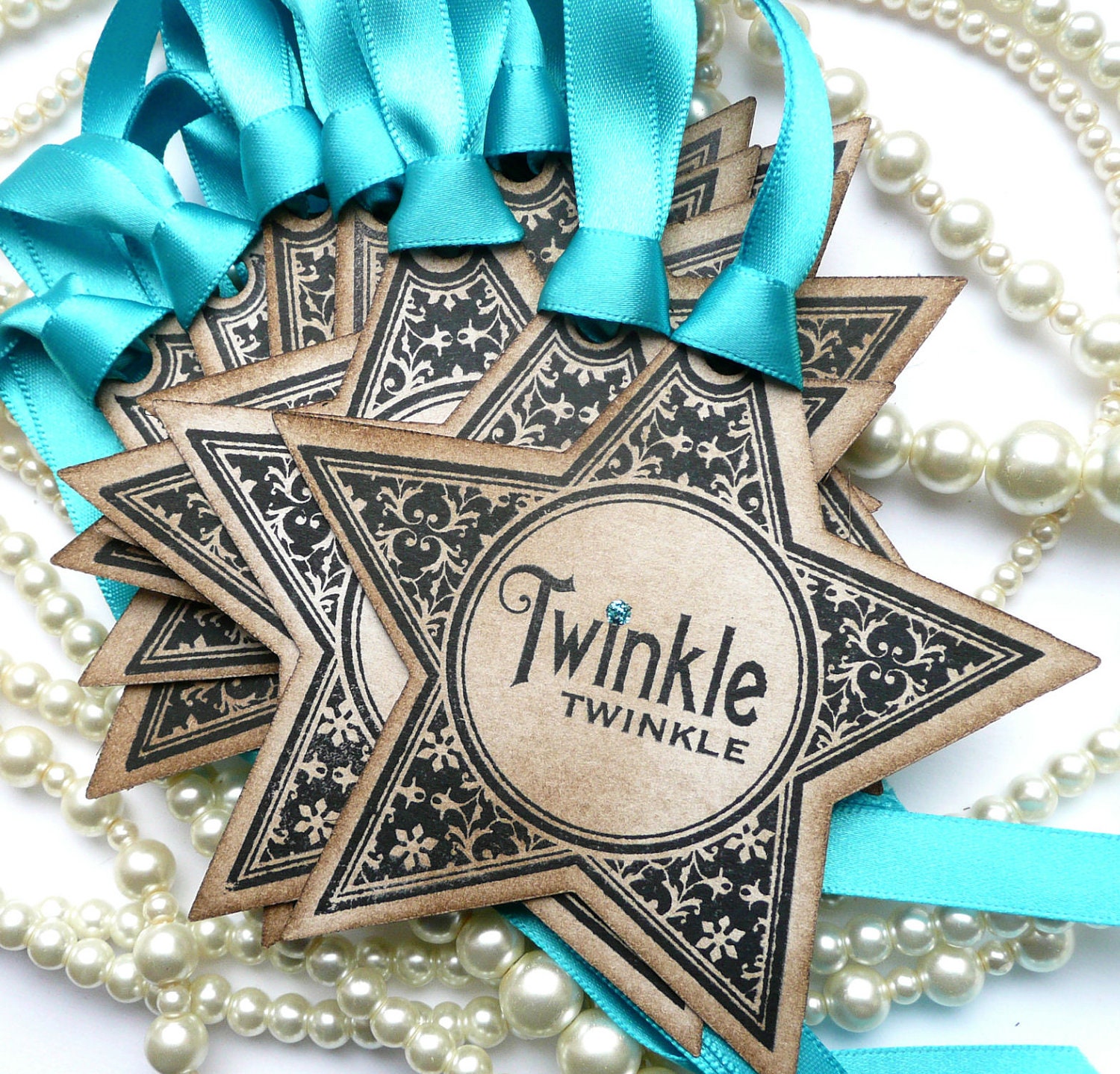 Christmas Gift Tag Twinkle Stars - Vintage Style - Turquoise Glitter - Set of 10 - amaretto