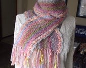 Crochet Wool Scarf, Handmade Soft, Sunrise Colors, Pink Coral Blue Lavender