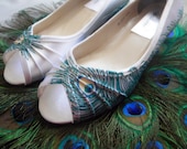 Wedding Shoes peacock feather painted wedge Sale low heel peep toes bridal accessory Leah