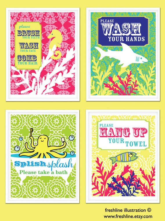 Kids Bathroom Art - Wash Your Hands, Brush Your Teeth, Take A Bath - Ocean Theme - Shark, Fish, Octopus, Seahorse, Coral - Set of Four 8x10