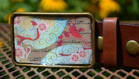 The Tippi Belt - Delicate Bird with Red, Cream and Blue with Brown Leather Belt