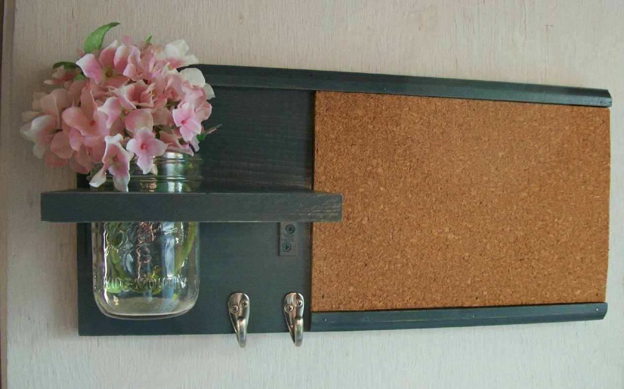 Wood Wall Shelf Cork Bulletin Board Message  Center Hooks Gunmetal Dark Gray Color