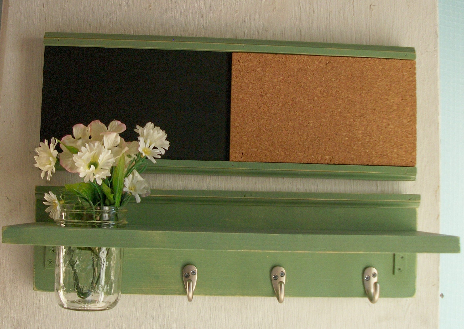 Wood  Wall Shelf Cork & Blackboard Bulletin Board Message Center Hooks Worn Sage Green Color