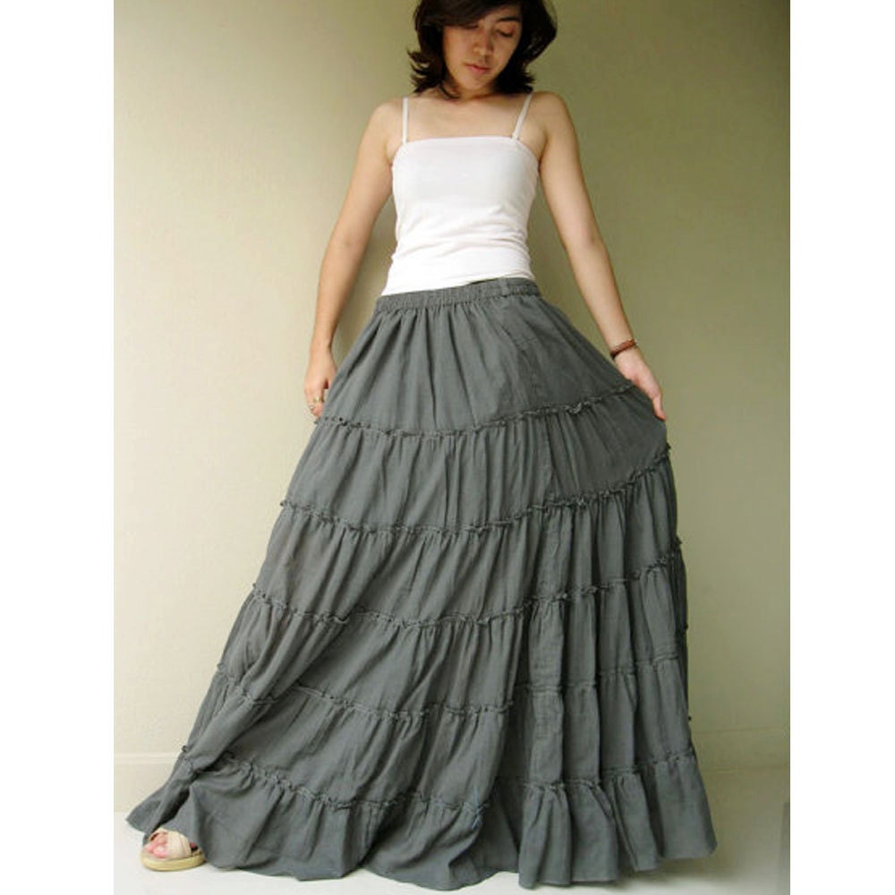 Boho long soft cotton ruffle skirt one fit all most (M)