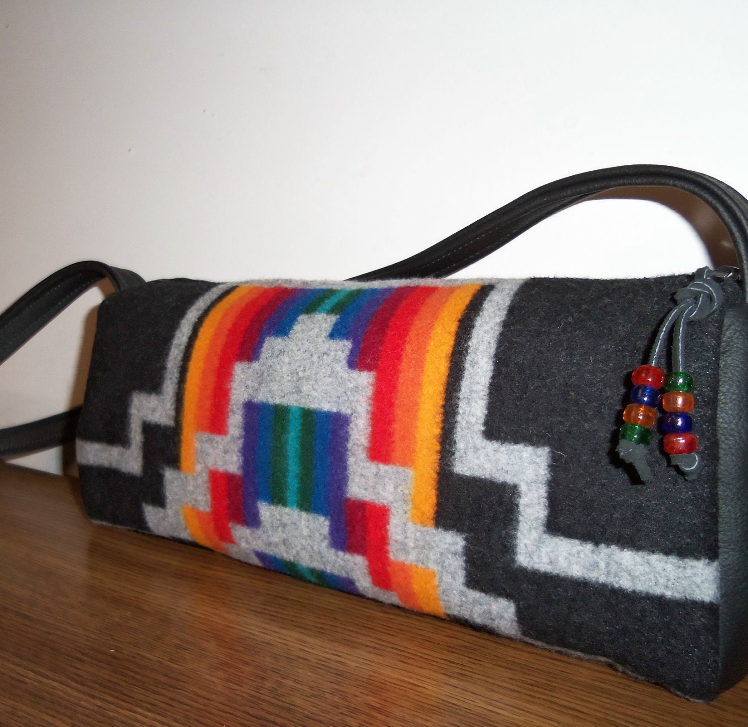 Wool Bag Purse Shoulder Bag Black Leather