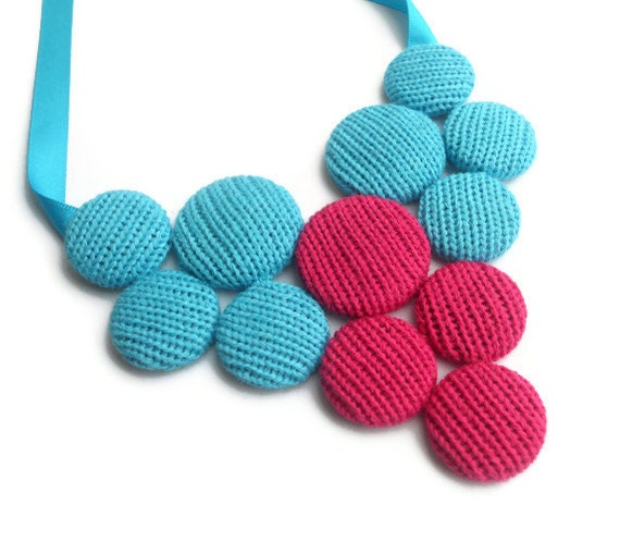 Bubble Drop- Cotton Knitted Necklace - Turquoise and Pink
