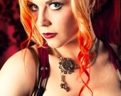 Steampunk Antiqued Brass Asymmetrical Necklace with Vintage Pocket Watch and Gold Topaz Swarovski Crystal Beads by Velvet Mechanism