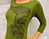 Green Womens Celtic Ancient Oak Tree Threequarter Sleeve Sheer Cotton Jersey Tshirt Sizes Sm, M, L, XL