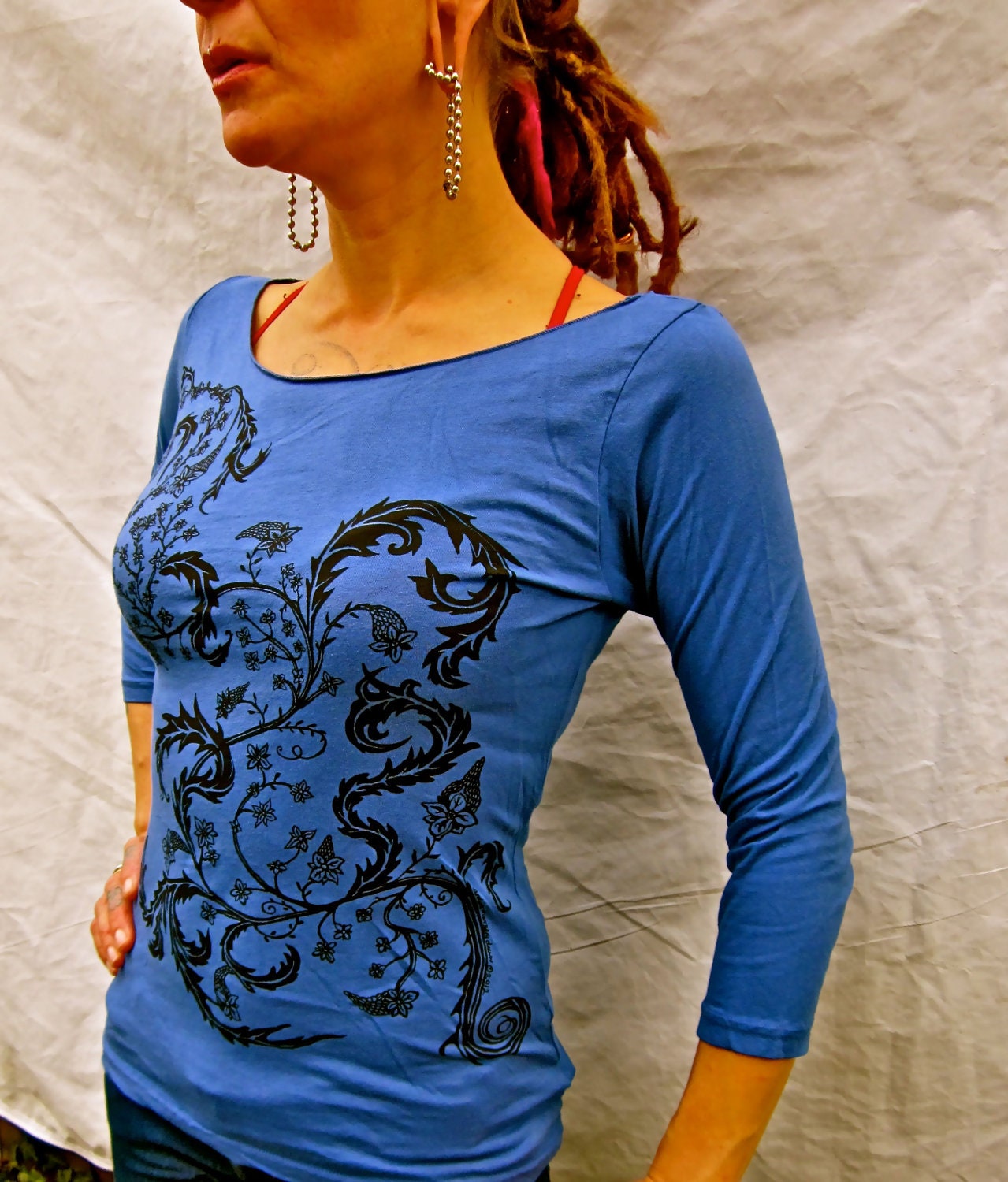 Blue Exotic Fantasy Fern 3/4 Sleeve Boatneck T-Shirt Womens Small, Medium, Large, & XL Available