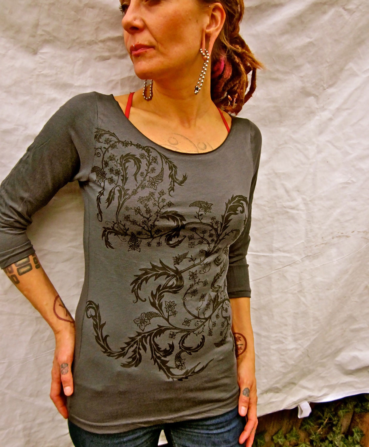 Grey Exotic Fantasy Fern Threequarter Sleeve Boatneck Tshirt Womens Sizes: Sm, M, L, XL