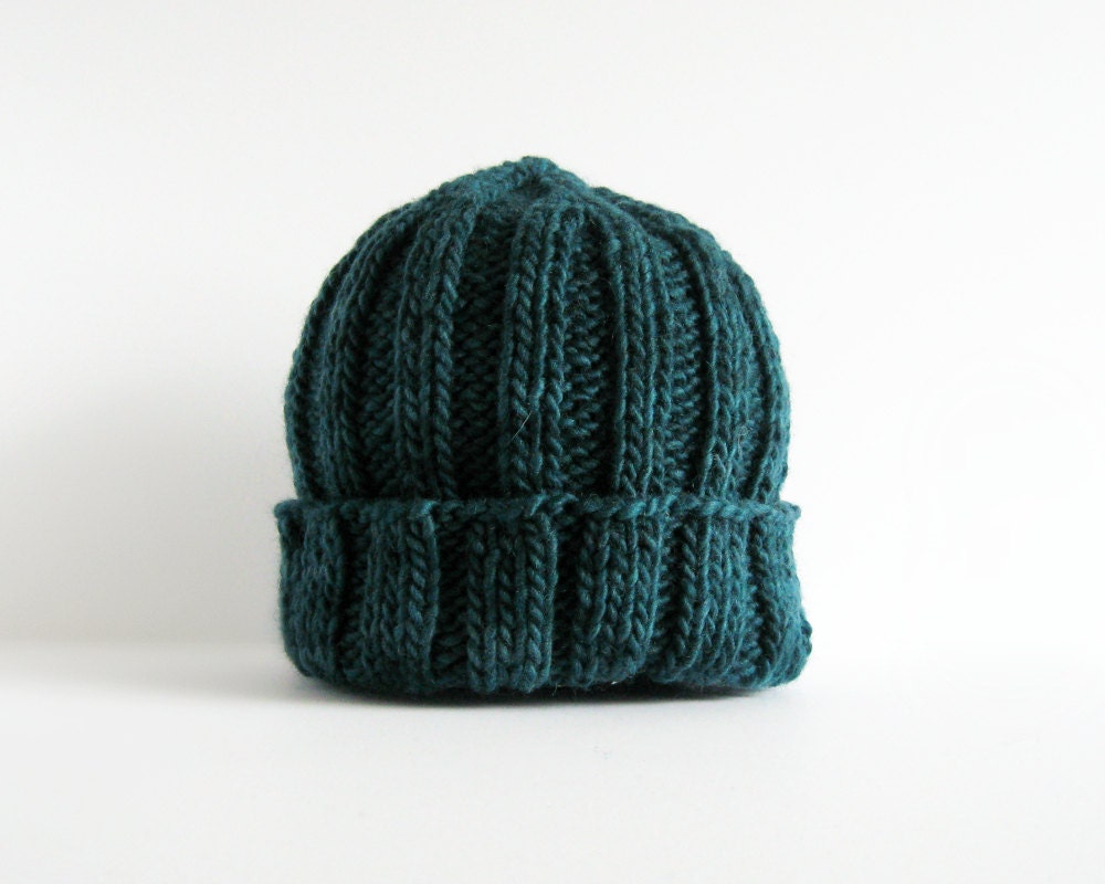 Beanie Hat Knitted in Teal Blue Wool - branda