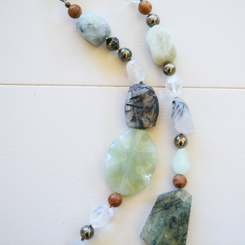 Foxwood Necklace (Sea Green) - Sea Green Jade, Pyrite, Tourmalinated Quartz, Prehnite