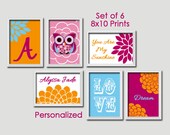 Pink Blue Orange Personalized Owl Flower Name Set of 6 Prints Custom Wall Decor Art Bedroom Picture Girl Child Nursery Sunshine Love Dream