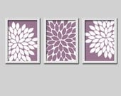 Purple Lavender White Flower Burst Gerbera Daisies Petals Artwork Set of 3 Trio Prints Wall Decor Abstract Art Picture Silhouette