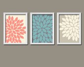 Beige Cream Turquoise Coral Navy Flower Burst Gerbera Daisies Artwork Set of 3 Trio Prints Wall Decor Abstract Art Picture Silhouette