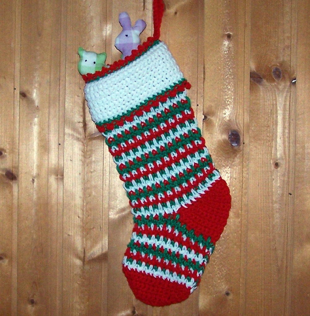 Crocheted Christmas stocking green red and white stripes personalized