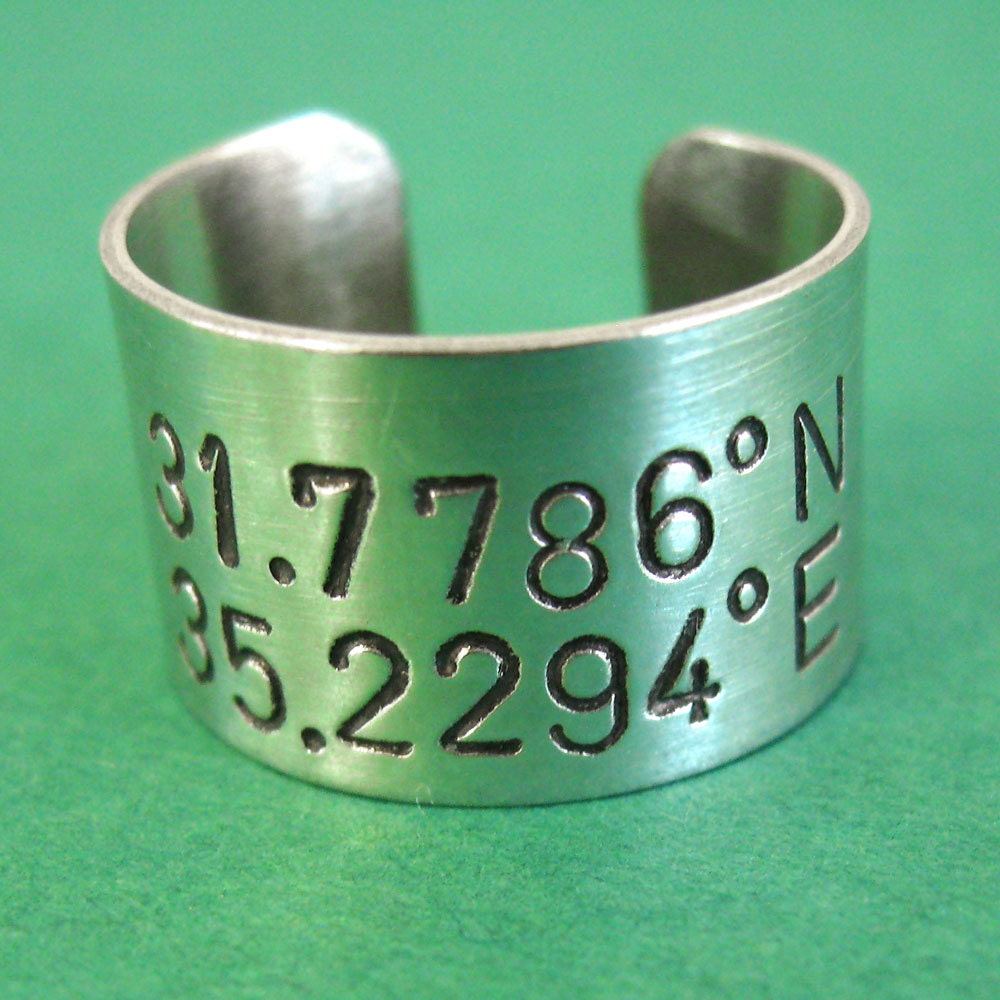 Personalized Latitude and Longitude Ring in Aluminum - Adjustable Ring Wide Band