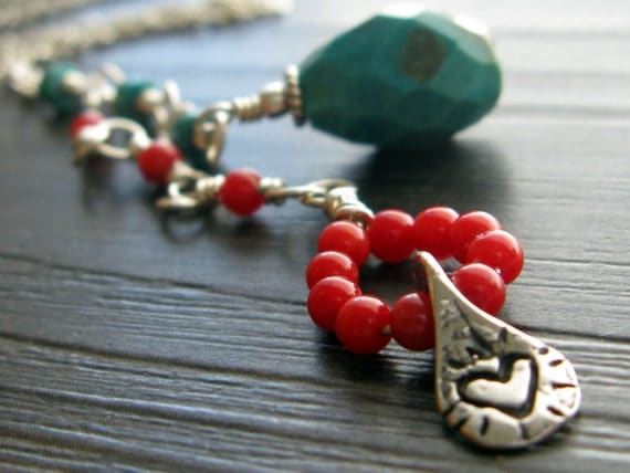 Turquoise and Red coral sterling silver lariat necklace fair trade silver - True Love