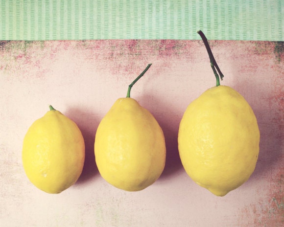 Food photography - Kitchen Art - Lemons still life photograph - pale pink yellow decor - fruit mid century mint  pastel wall art photo 8x10