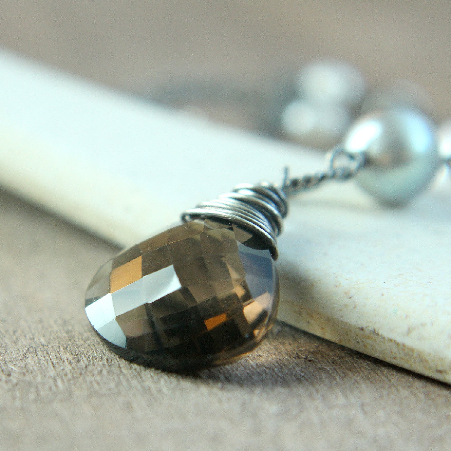 Drop Necklace -  Smokey Quartz  -  Pearls  - Oxidized  Sterling silver - Gemstone Necklace  - Handmade Jewelry